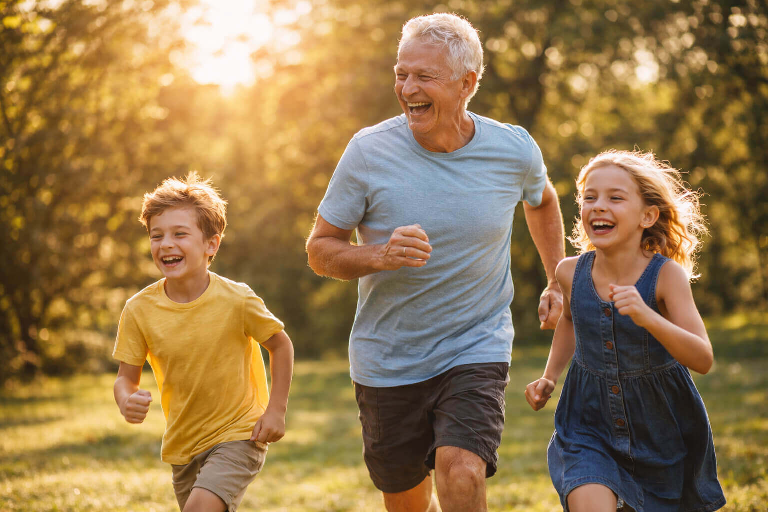 Senior running with kids